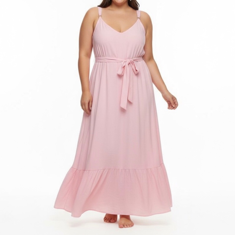 Womens Torrid Summer Maxi Dress 00X Pastel Pink Ruffle Pockets Cottagecore Boho